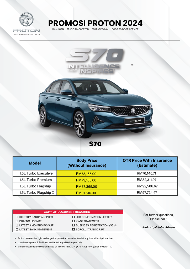 Harga S70 Baru 2024 Promosi Terkini Proton Malaysia